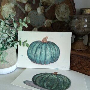 Original Watercolor Bluish Turquoise Green Minimalist Squash Painting